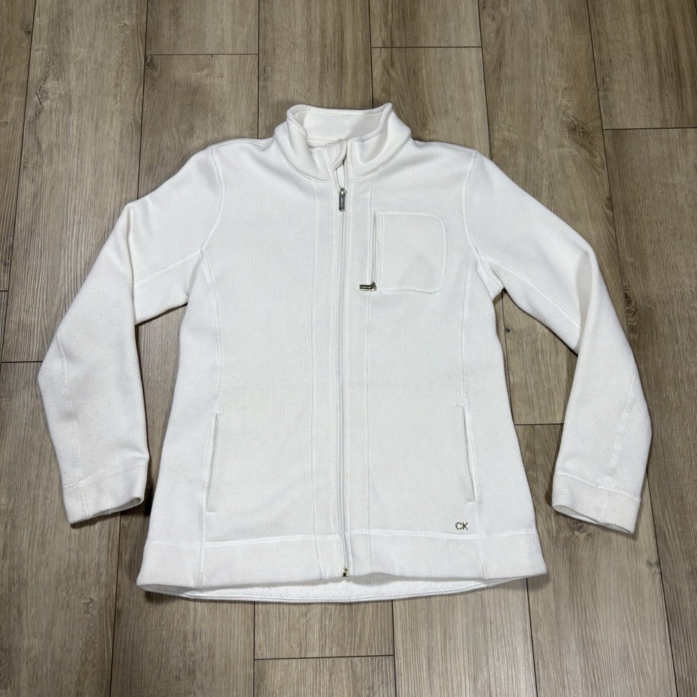 Calvin Klein White Full Zip Knit Sweater‎ Jacket Mock Neck Medium Polyester